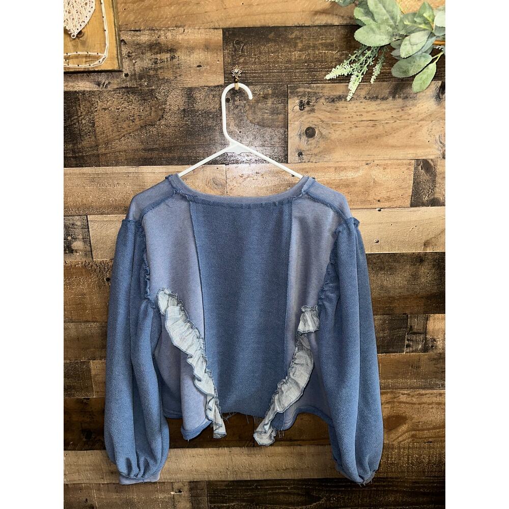 POL Blue Ruffle Henley Cropped Sweatshirt Size S - Picture 4 of 4